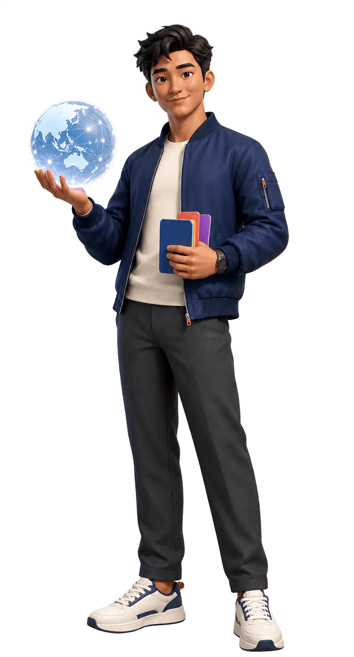A friendly Indonesian domain specialist holding a connected globe and domain cards